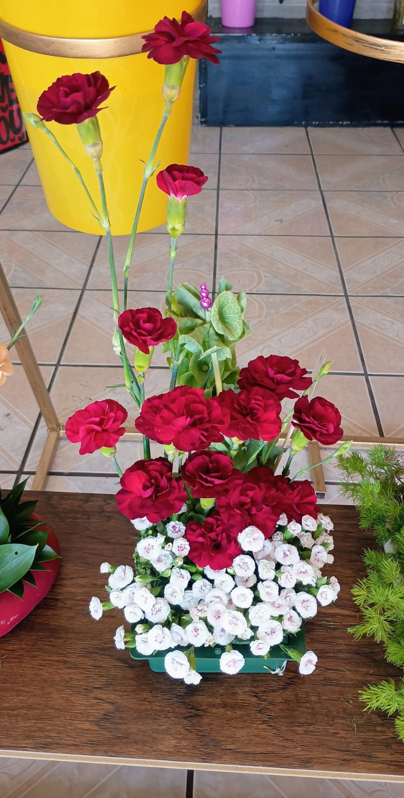 Arreglo de claveles rojos y blancos