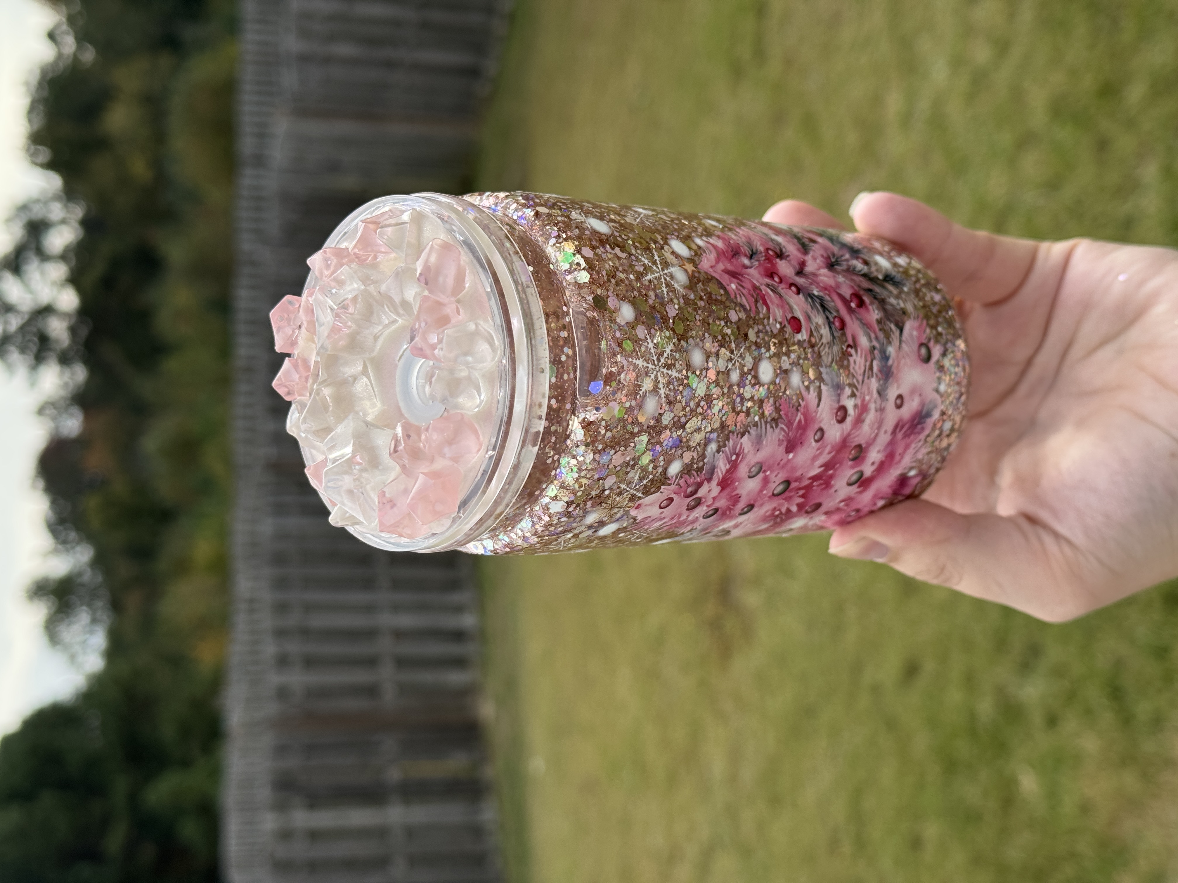 Pink Christmas Trees 16oz Snow Globe Tumbler with Custom Lid!
