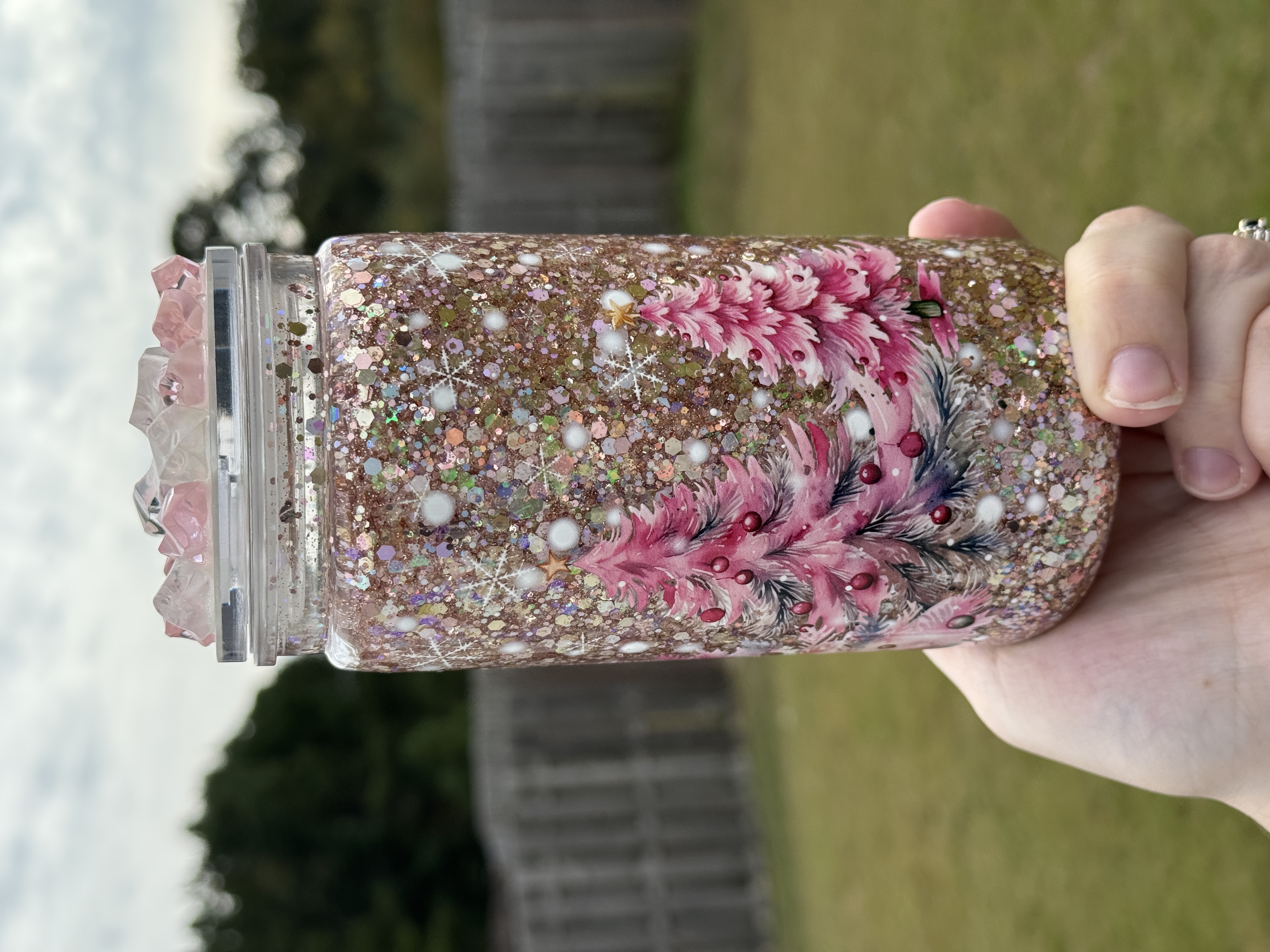 Pink Christmas Trees 16oz Snow Globe Tumbler with Custom Lid!