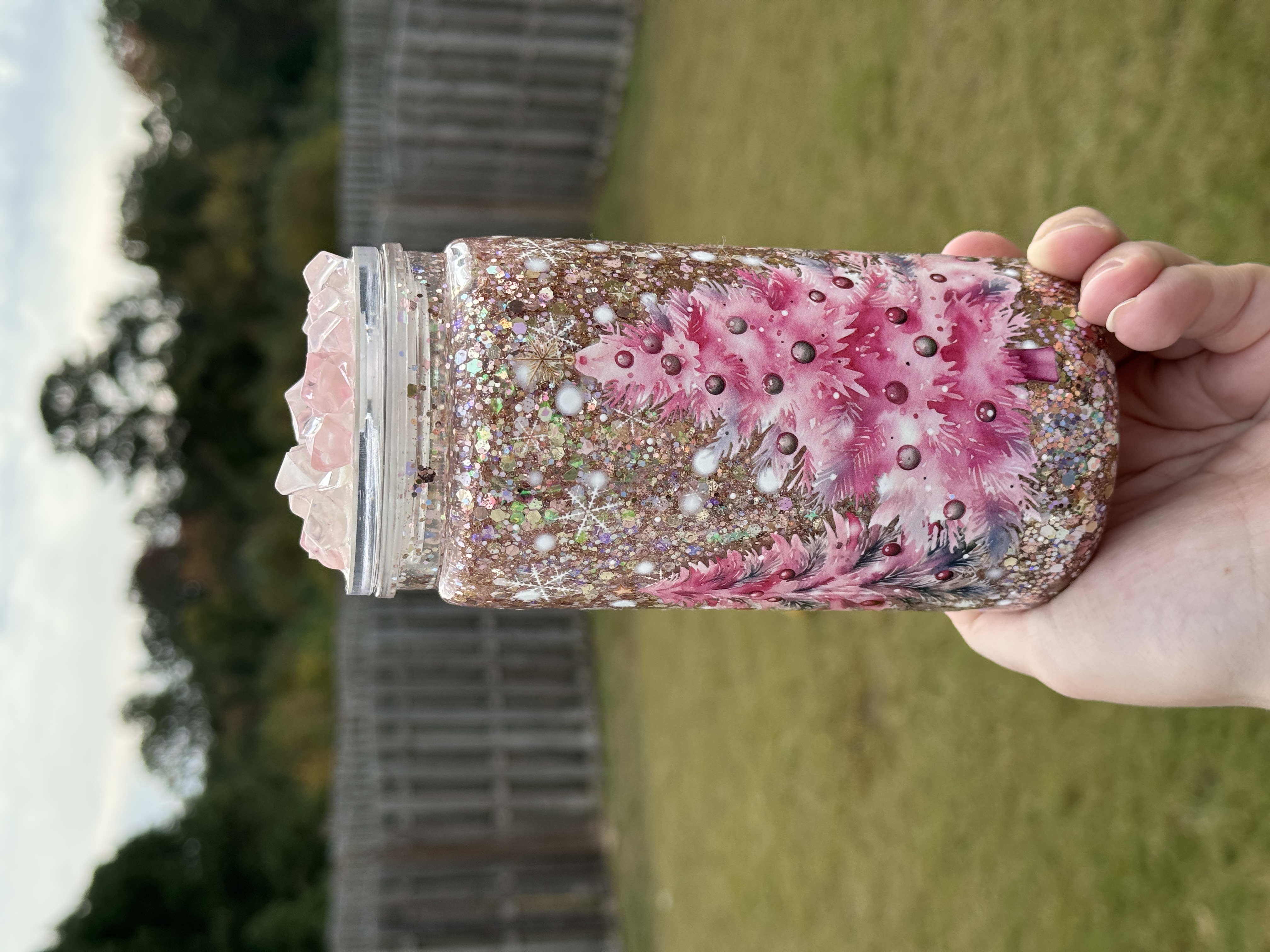 Pink Christmas Trees 16oz Snow Globe Tumbler with Custom Lid!