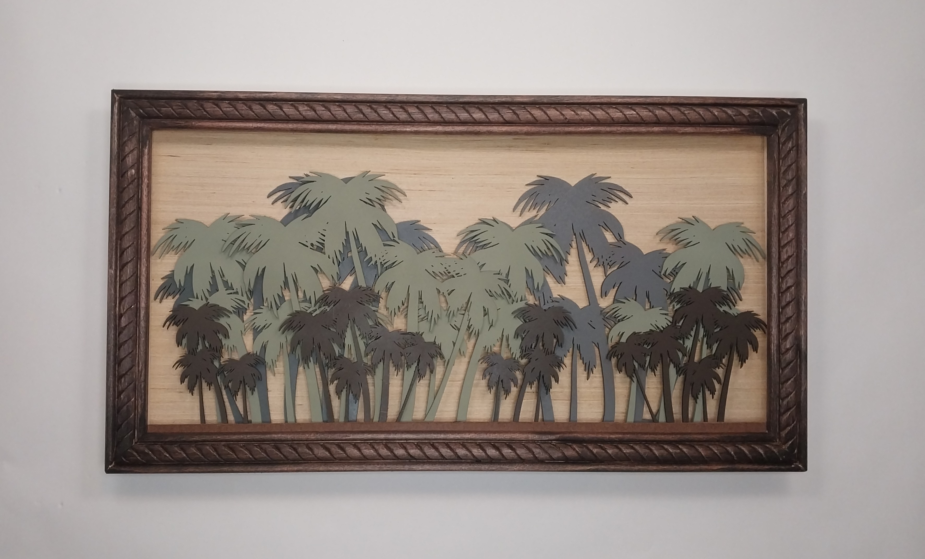 Handcrafted, stained, Medium or Dark wood frame with Green Silhouette Style Palm Design