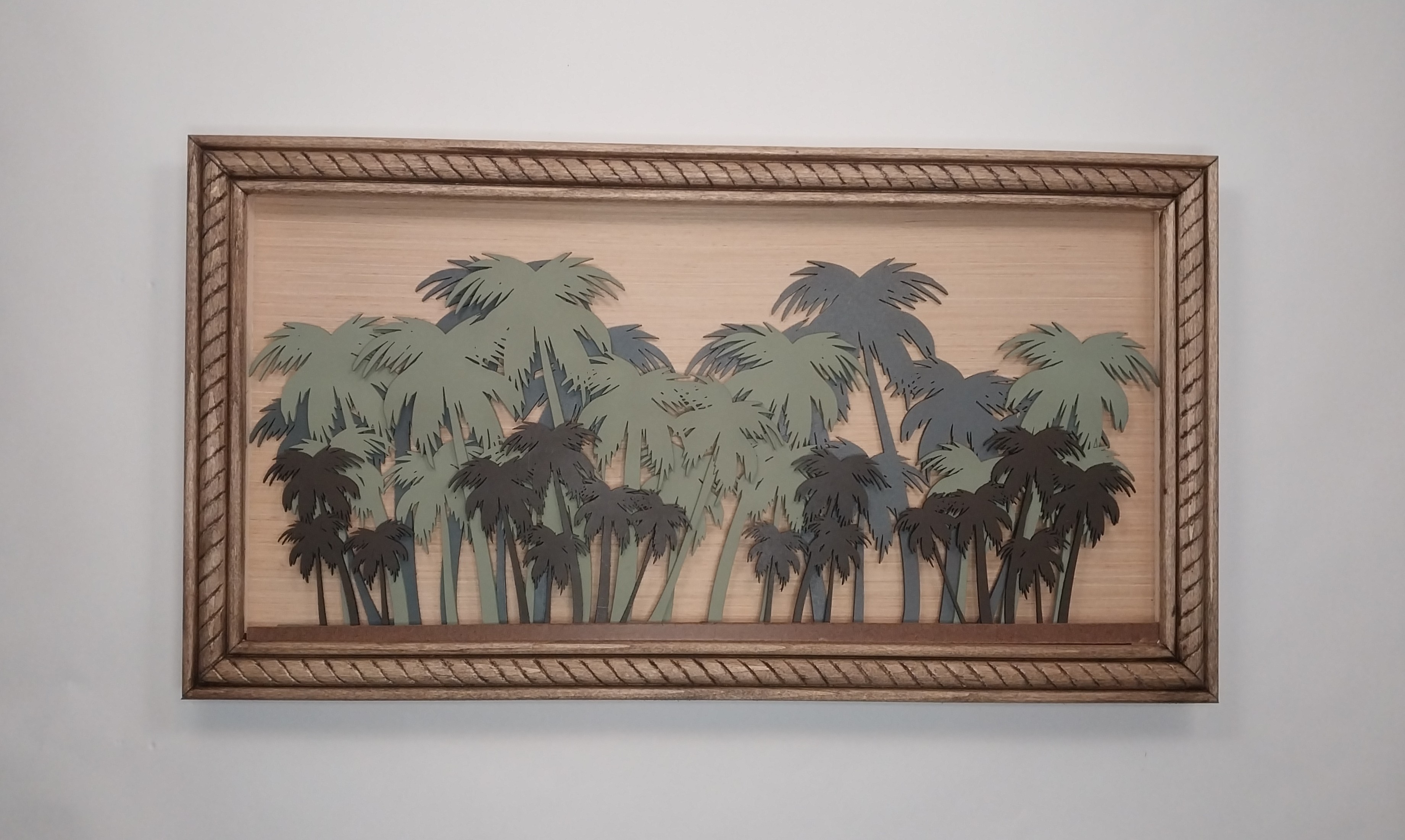 Handcrafted, stained, Medium or Dark wood frame with Green Silhouette Style Palm Design