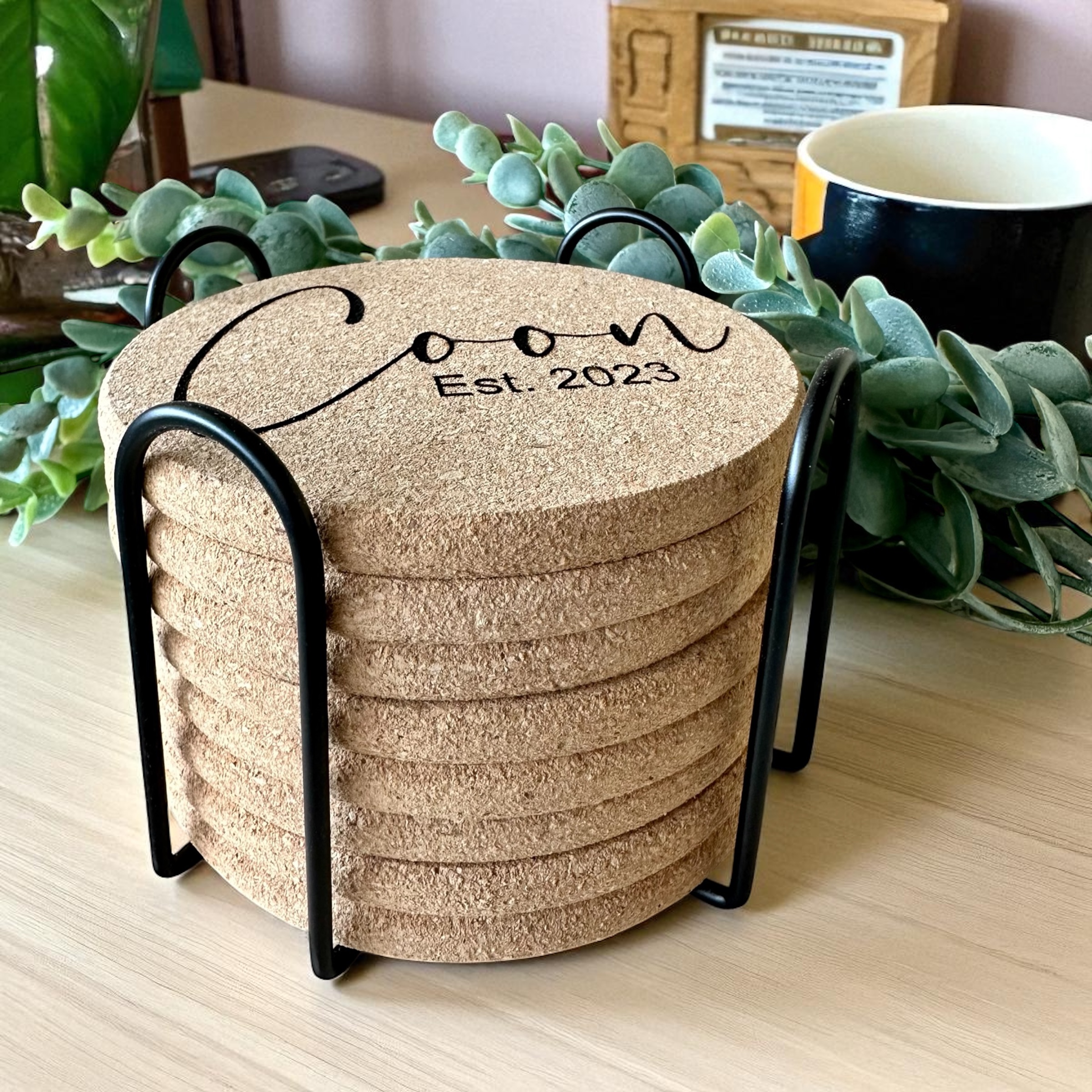 Personalized Cork Coaster Set with Holder