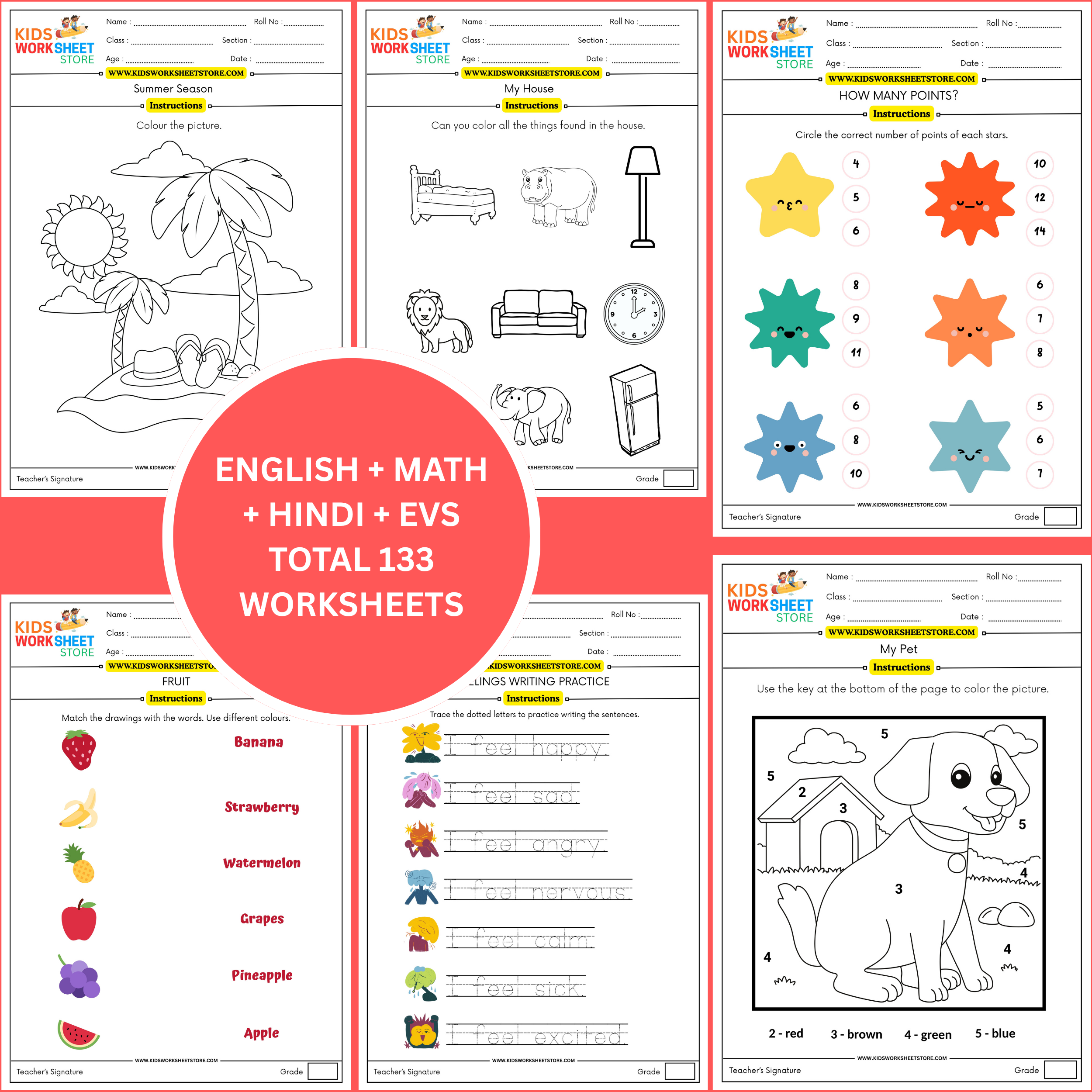 Worksheets Pack for Nursery (Math, English, Hindi, EVS & Colouring) (Age 3+) | 133 Pages