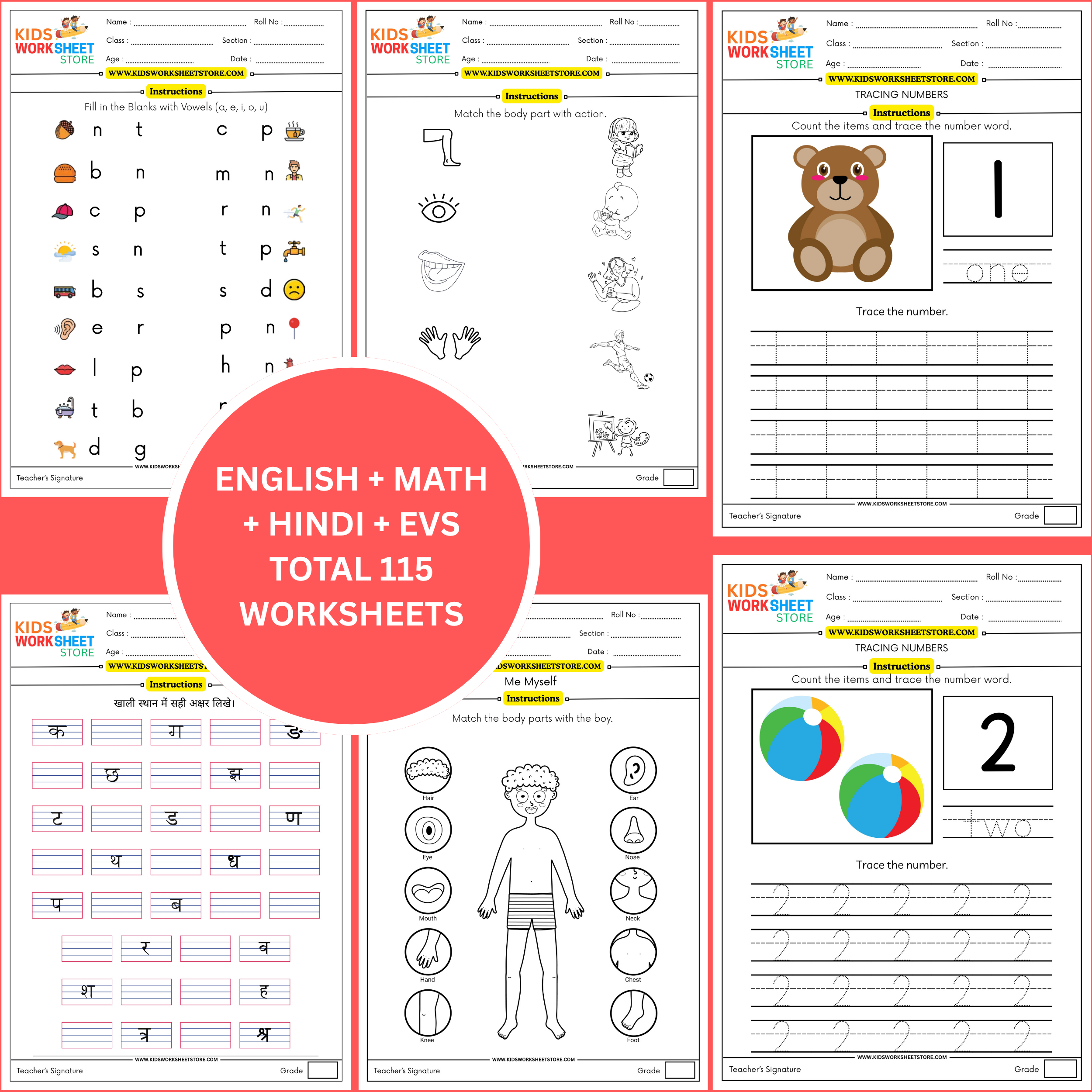Worksheets Pack for LKG (Math, English, Hindi, EVS & Colouring) (Age 3+) | 115 Pages