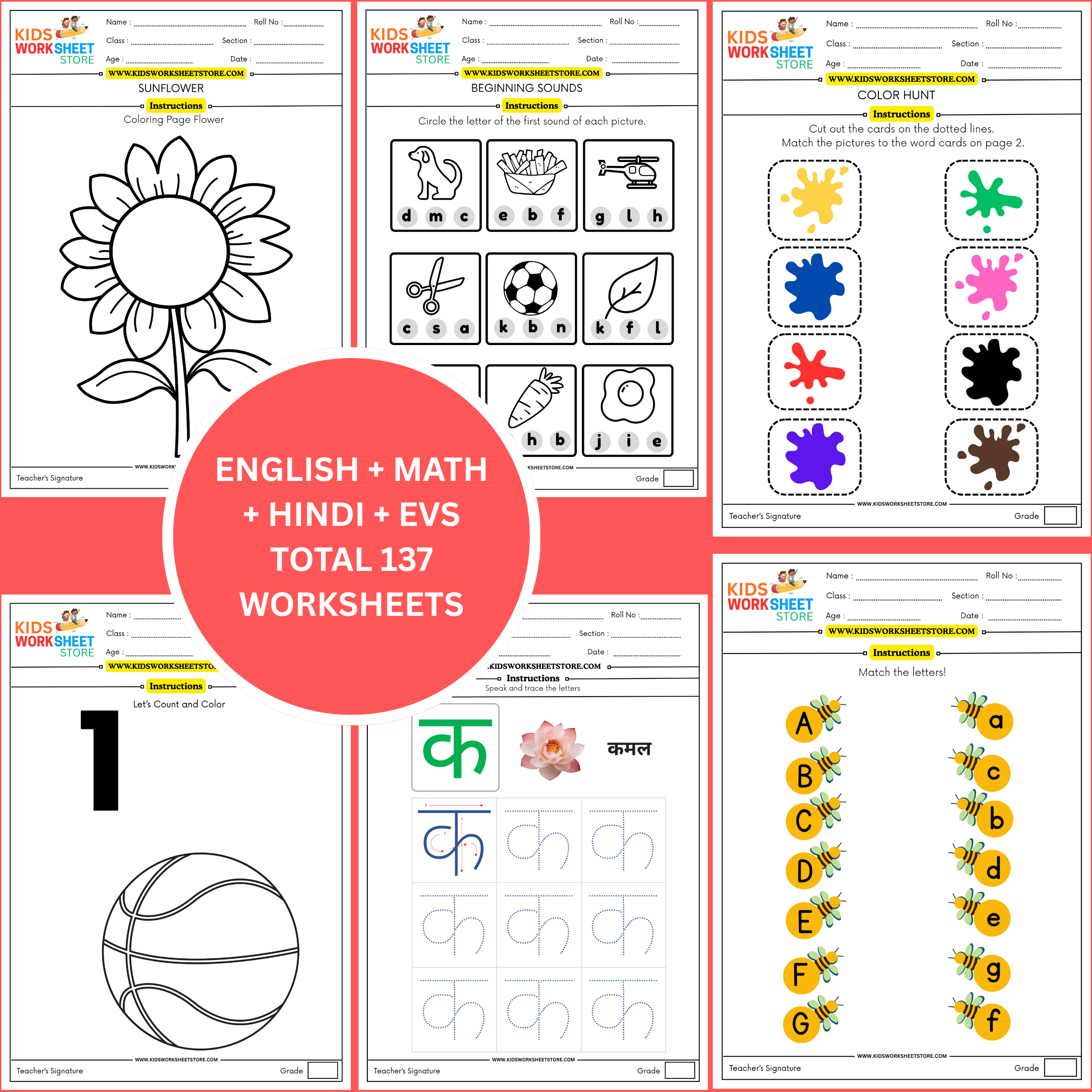 Worksheets Pack for Playgroup (Math, English, Hindi, EVS & Colouring) (Age 2+) | 137 Pages