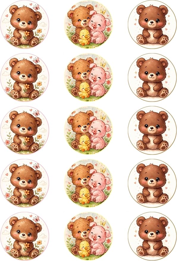 Teddy Bear Edible Cupcake Toppers (15x Cute Animal Designs)