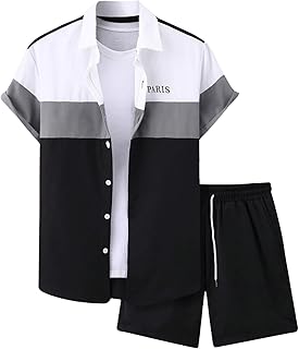 Men's Casual Colorblock Shirt and Shorts Set