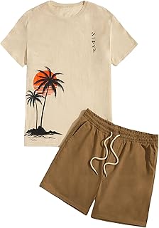 Beige Tropical Print T-shirt and Shorts Set