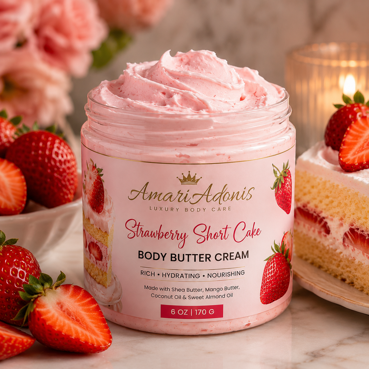 AmariAdonis Strawberry Short Cake Body Butter Cream 6 oz