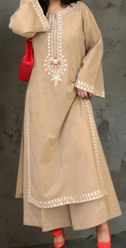 Beige Traditional Embroidered Kurta Set