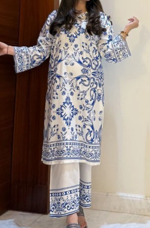 Elegant Blue and White Printed Kurta Set