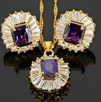 Purple Jewelry Set Pendant with 18" Chain & Stud Earrings Rectangular Yellow Gold Plated, 