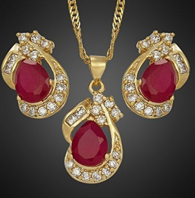 Jewelry Set  with Pear Cut - Yellow Gold Plated Pendant Necklace with 18 Inch Chain + 2 inch Extension and Stud Earrings - Red Ruby July birthstone