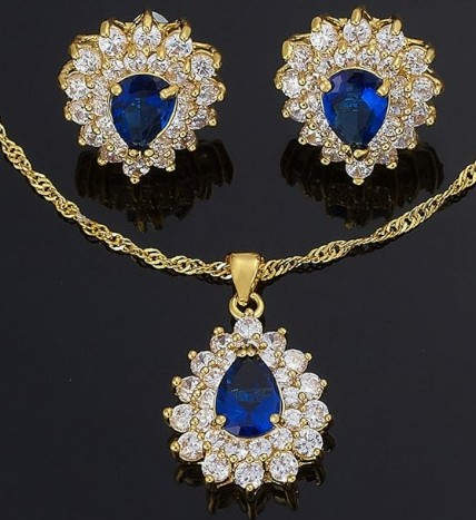 Blue Jewelry Set Pendant with 18" Chain & Stud Earrings Pear Cut CZ in Yellow Gold Plated