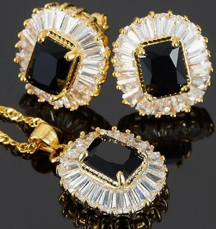 Black Onyx  Jewelry Set Pendant with 18" Chain & Stud Earrings Rectangular and Yellow Gold Plated, Simple Modern Elegant