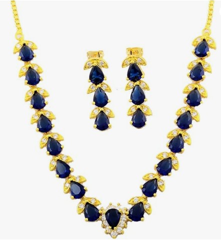  Teardrop Oval Purple Amethyst Jewelry Set Necklace & Drop Dangle Earrings in Yellow Gold Plated.