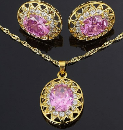 Pink Jewelry Set Pendant with 18" Chain & Stud Earrings in Yellow Gold Plated