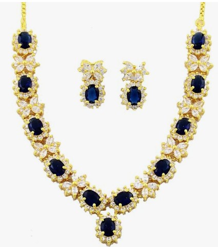  Oval Blue Sapphire Jewelry Set Necklace & Drop Earrings in Yellow Gold Plated, Simple Modern Elegant