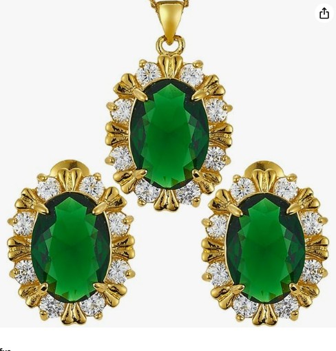 Green Emerald Jewelry Set Pendant with 18" Chain & Stud Earrings Oval Cut