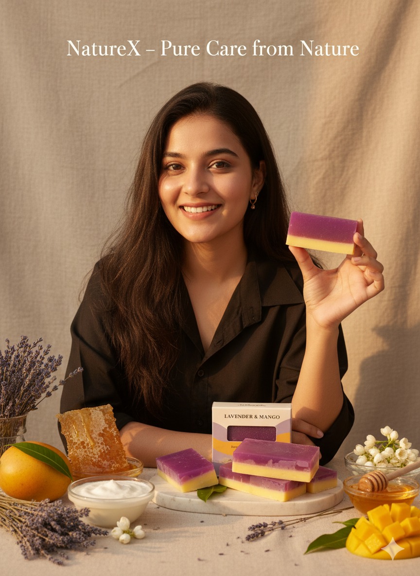 Nature-x Soaps Lavender & Mango Magic Soaps For Bath (100 Gms) | Paraben Free | Lavender & Mango Bath Soap | Handmade Soaps For Glowing | Skin Brightening Soap For Men & Women