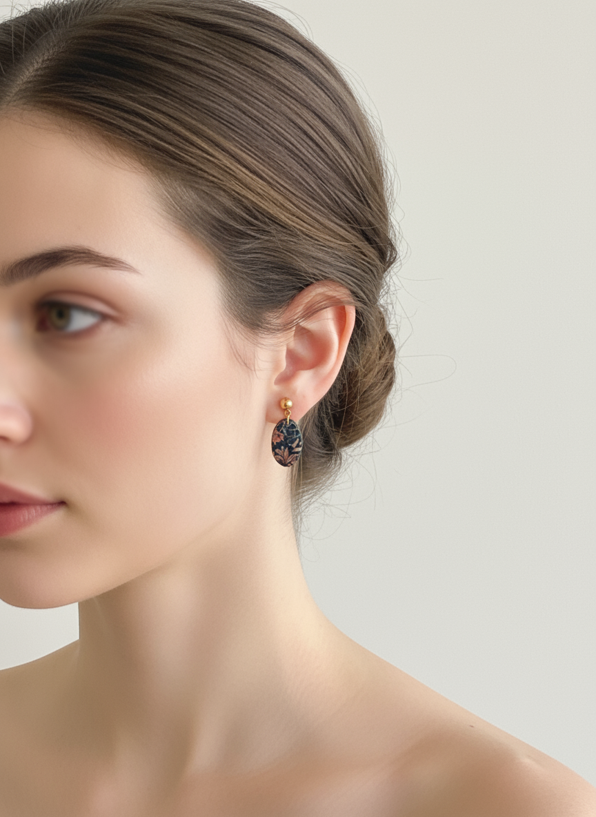 Kolczyki owalne z graficznym wzorem roślinnym