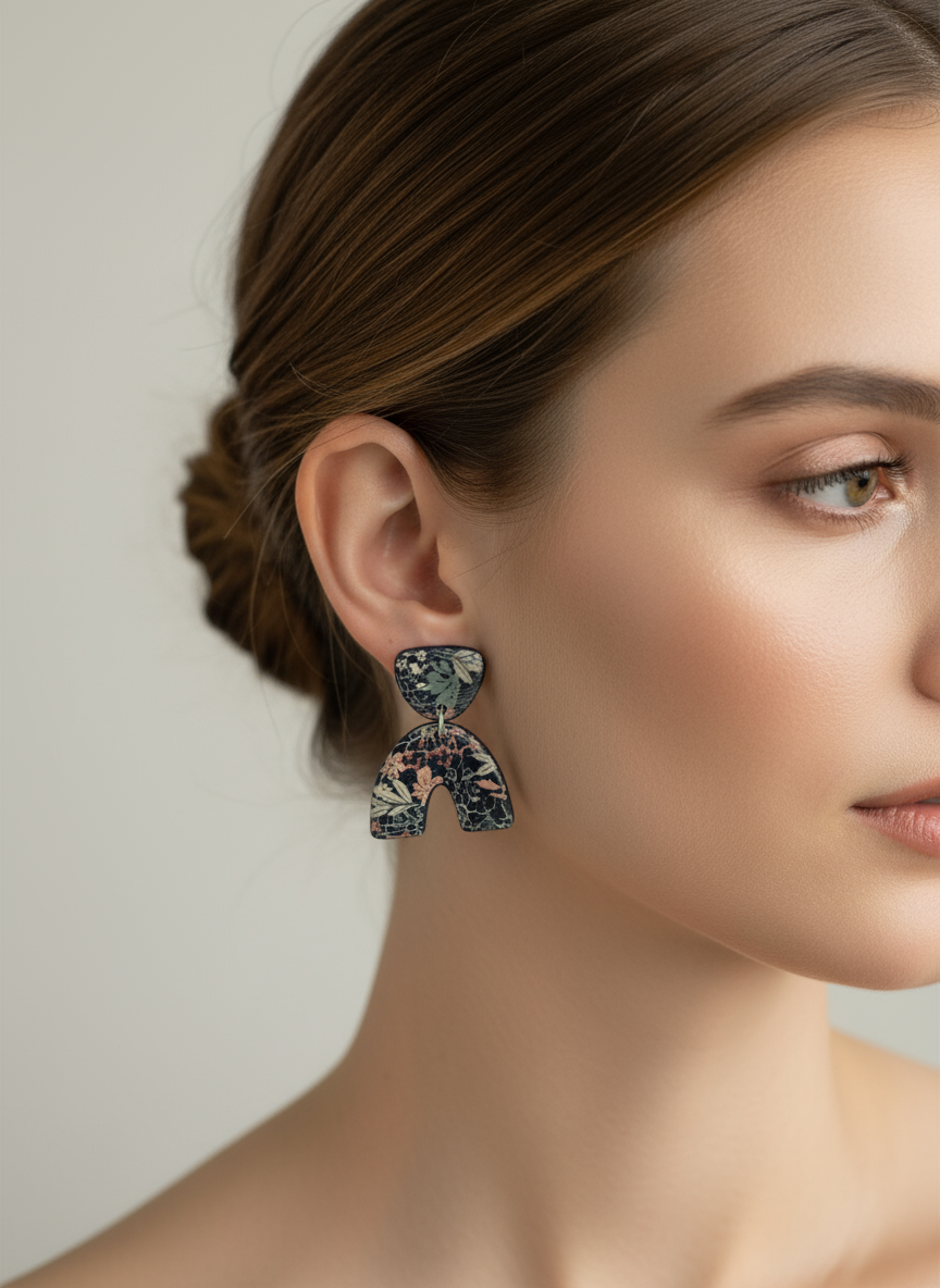 Kolczyki trójkątne z graficznym wzorem roślinnym