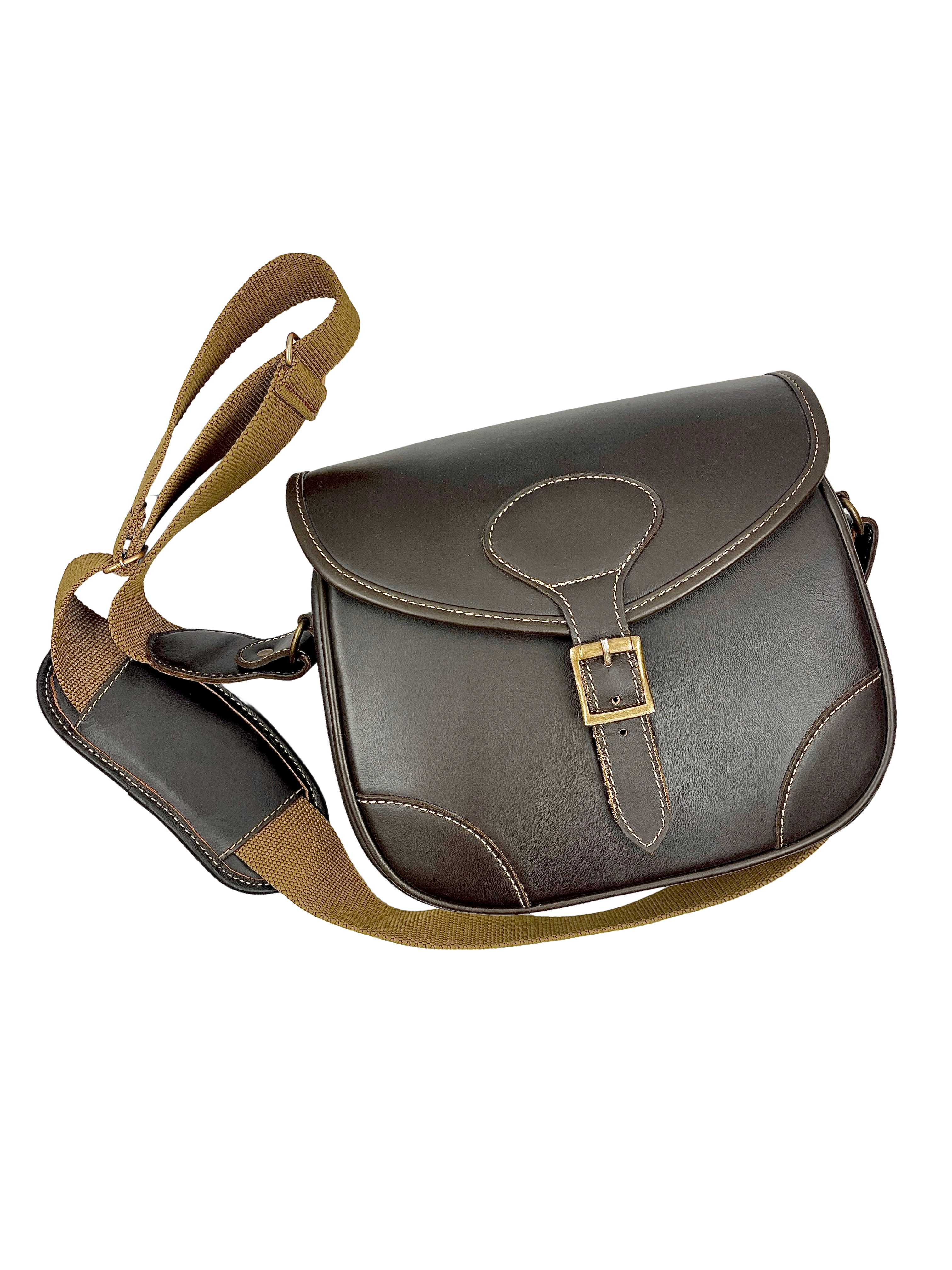 Genuine Leather Cartridge Bag — Dark Brown with Canvas Strap