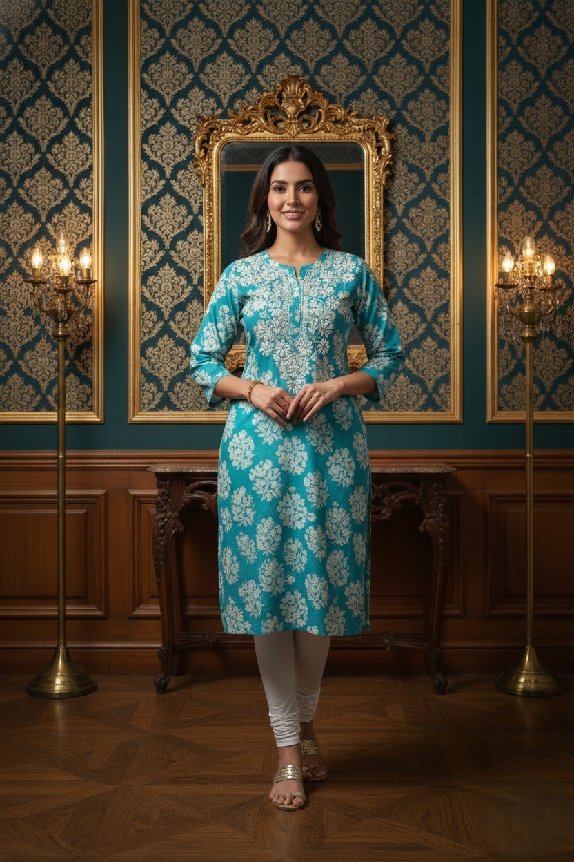 Embroidered Turquoise Kurti