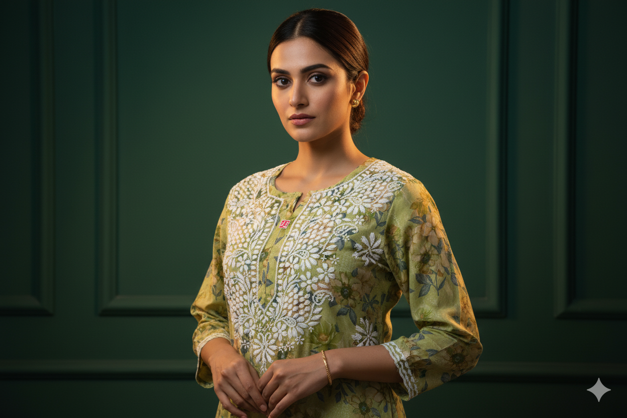 Embroidered Green Kurti