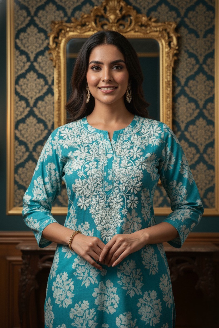 Embroidered Turquoise Kurti
