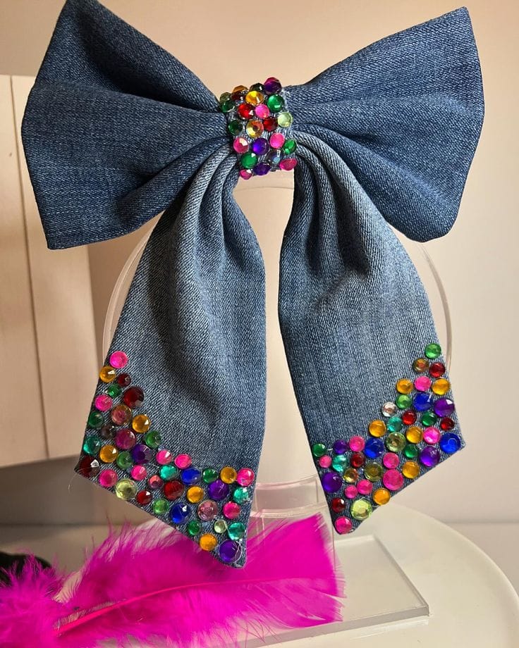 Denim Hair Bow with Colorful Rhinestones
