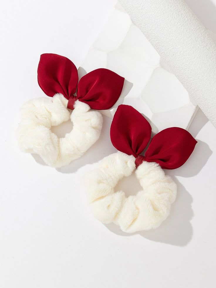 White Fuzzy Scrunchies with Red Bows