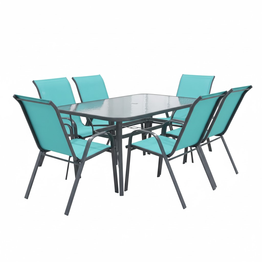 Set Comedor Exterior Mesa Vidrio + 6 Sillas Apilables Sling