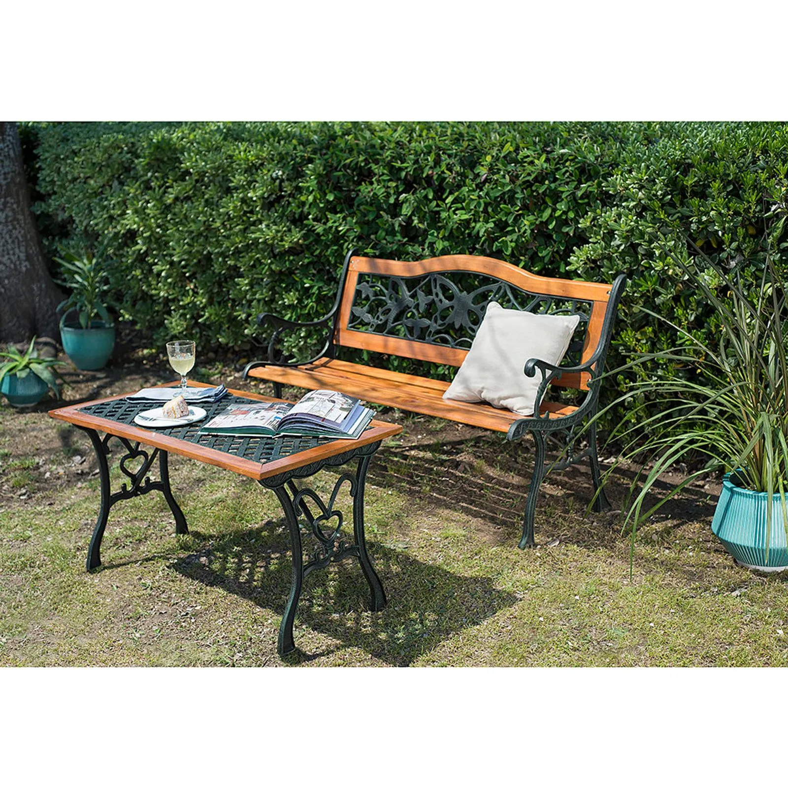 Mesa Plaza Jardín Exterior Madera Hierro Outzen 50x52x100 Cm