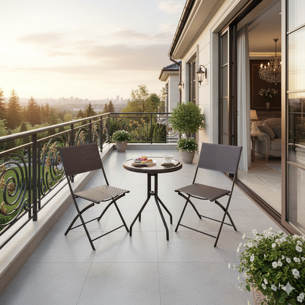 Set Bistró De Jardín Rattán Mesa + 2 Sillas Plegables