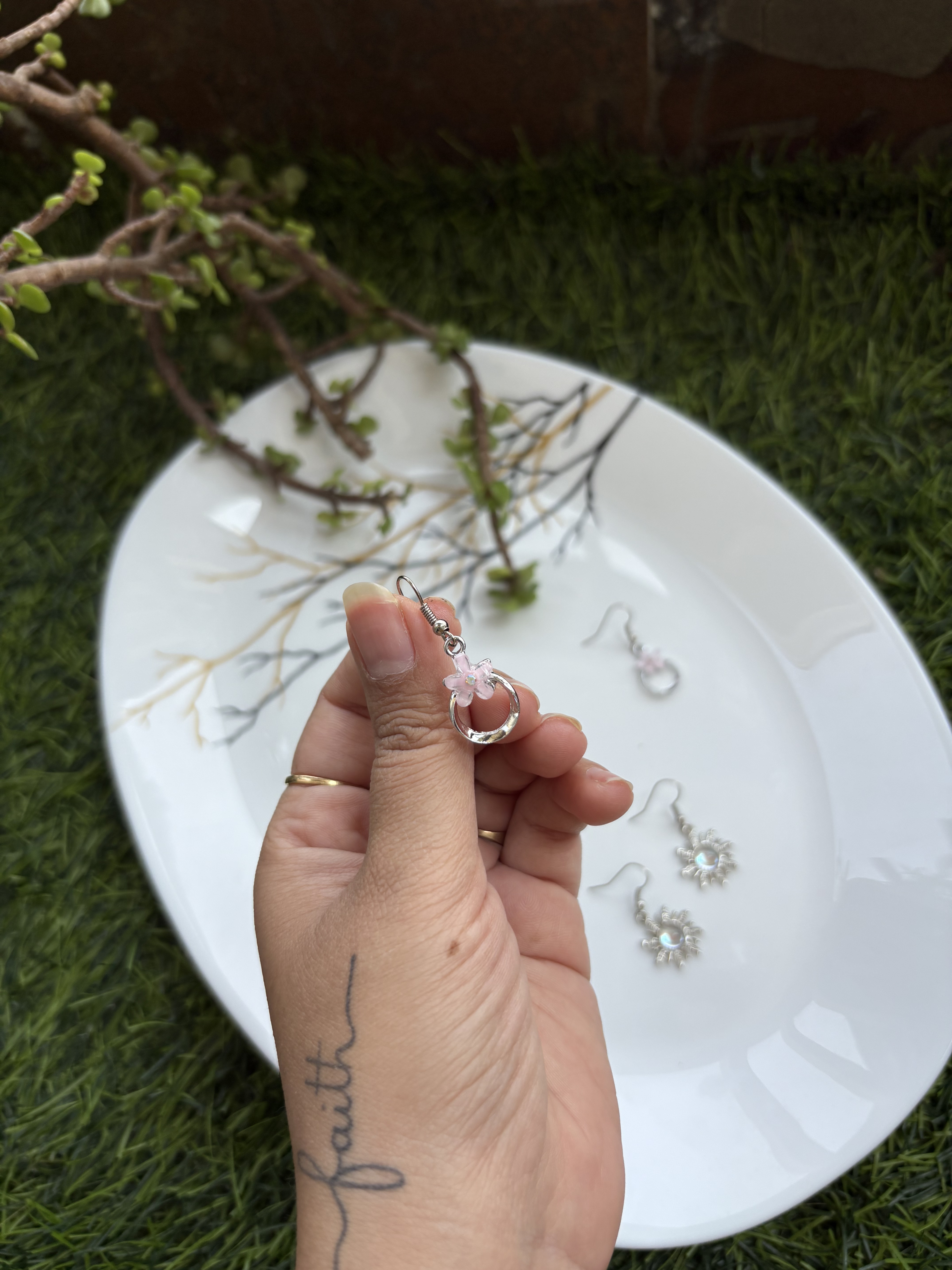 Pink Flower Silver Earrings