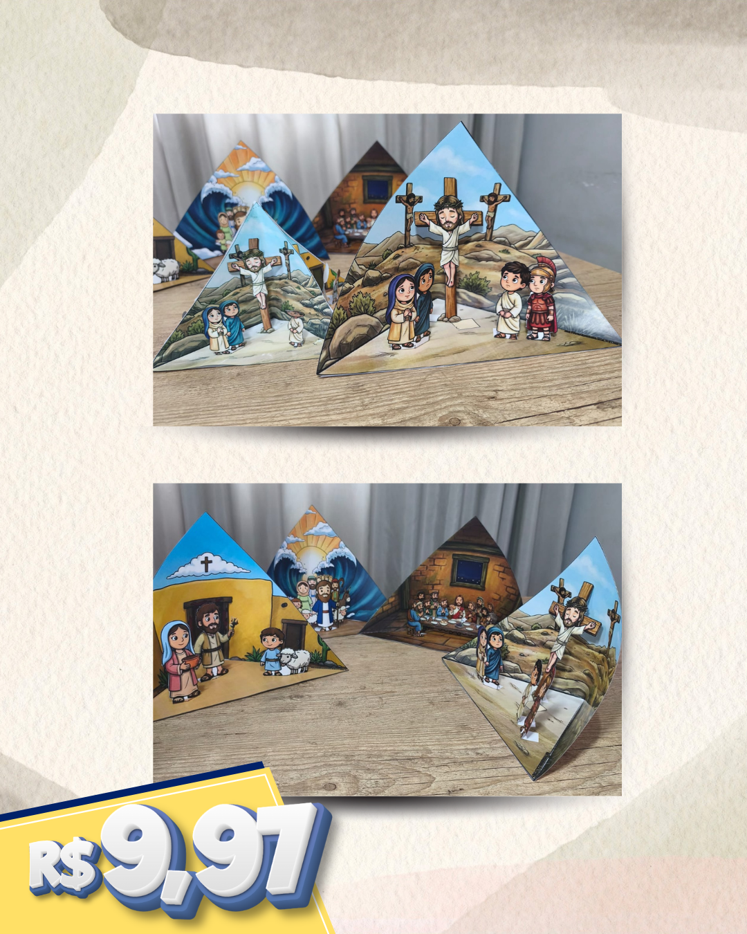 Kit: Roteiro de Páscoa e Redenção: Libertos pelo Cordeito (4 lições adaptadas a 3 faixas etárias) + 4 Trioramas 3D