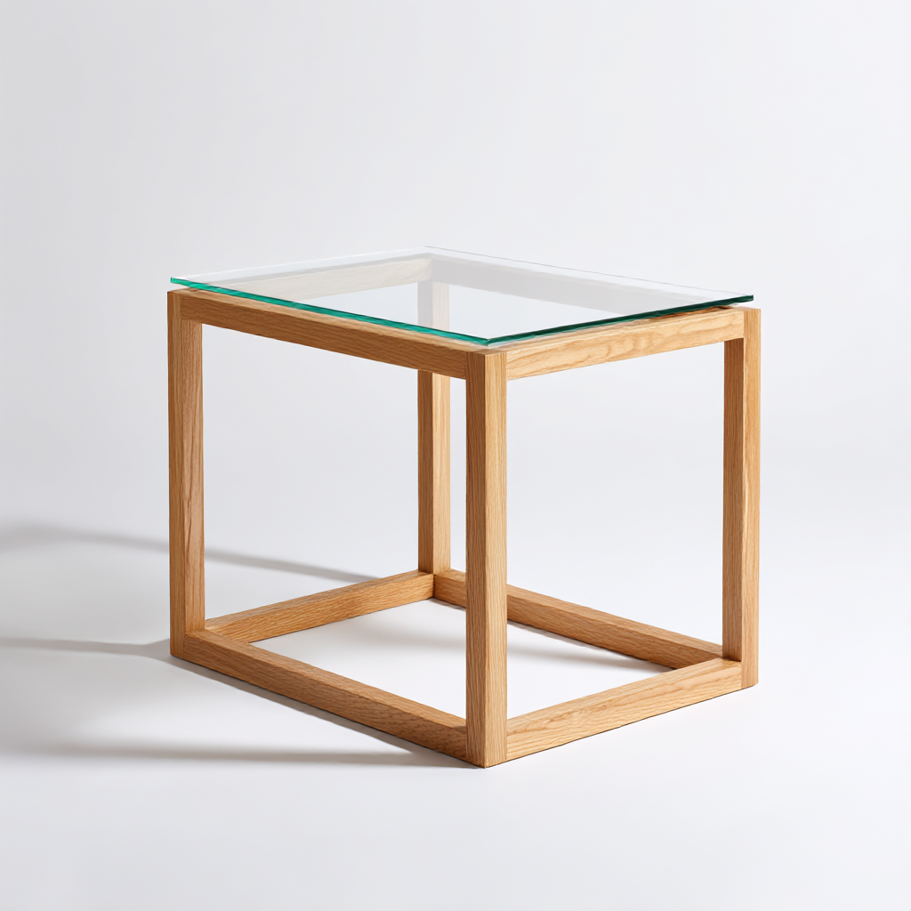 Mesa Auxiliar Cubo de Vidrio y Madera Natural
