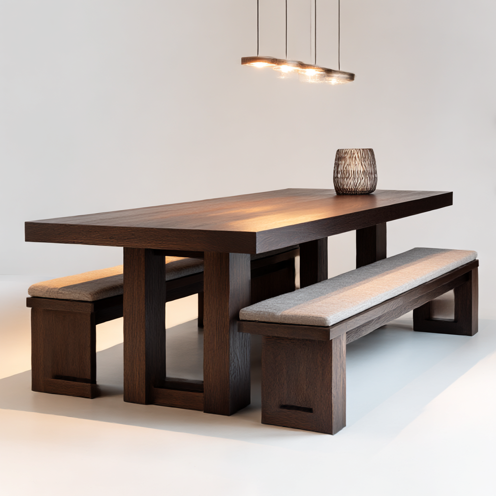 Mesa Comedor Ébano Con Bancos Tapizados