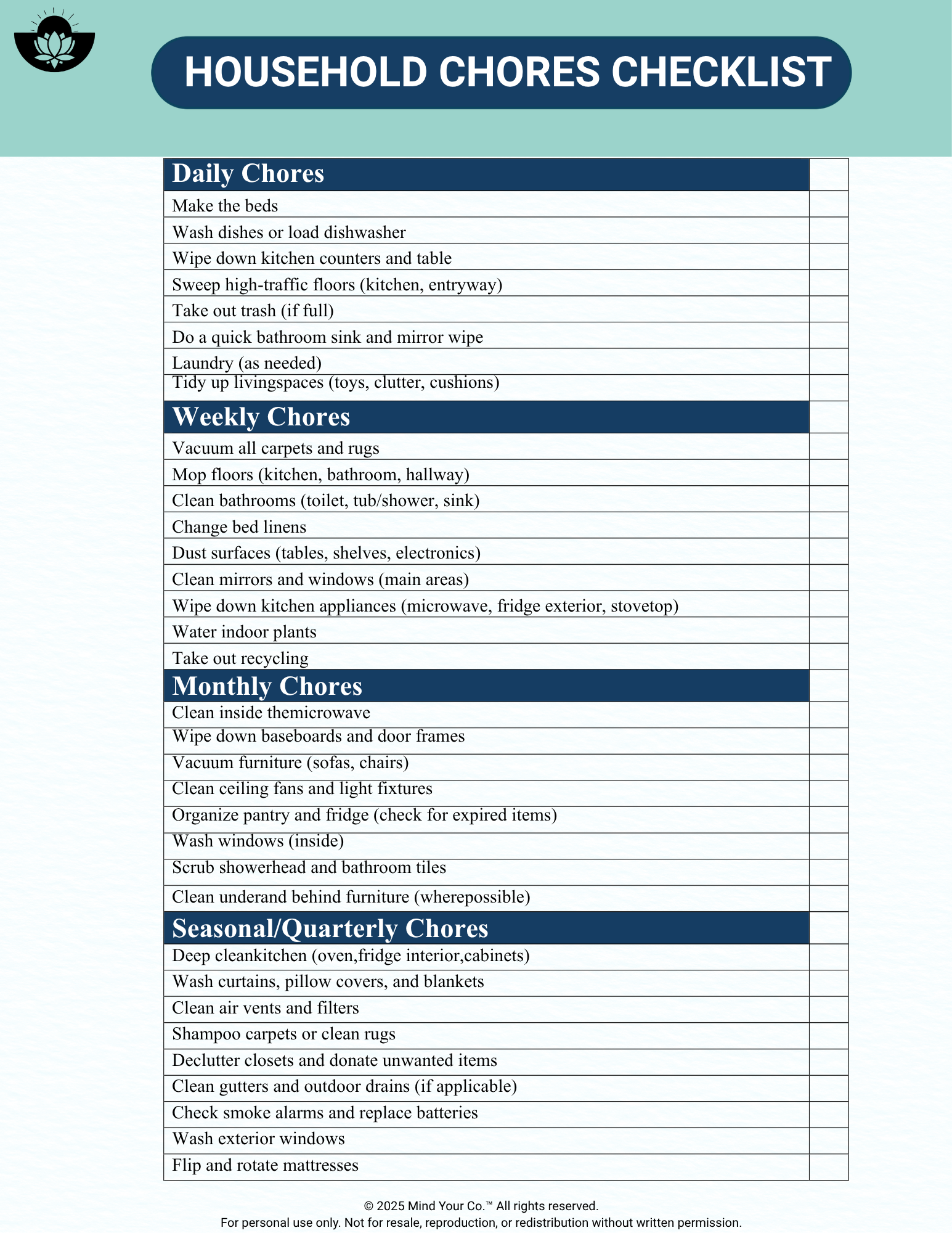 Household Chores Checklist