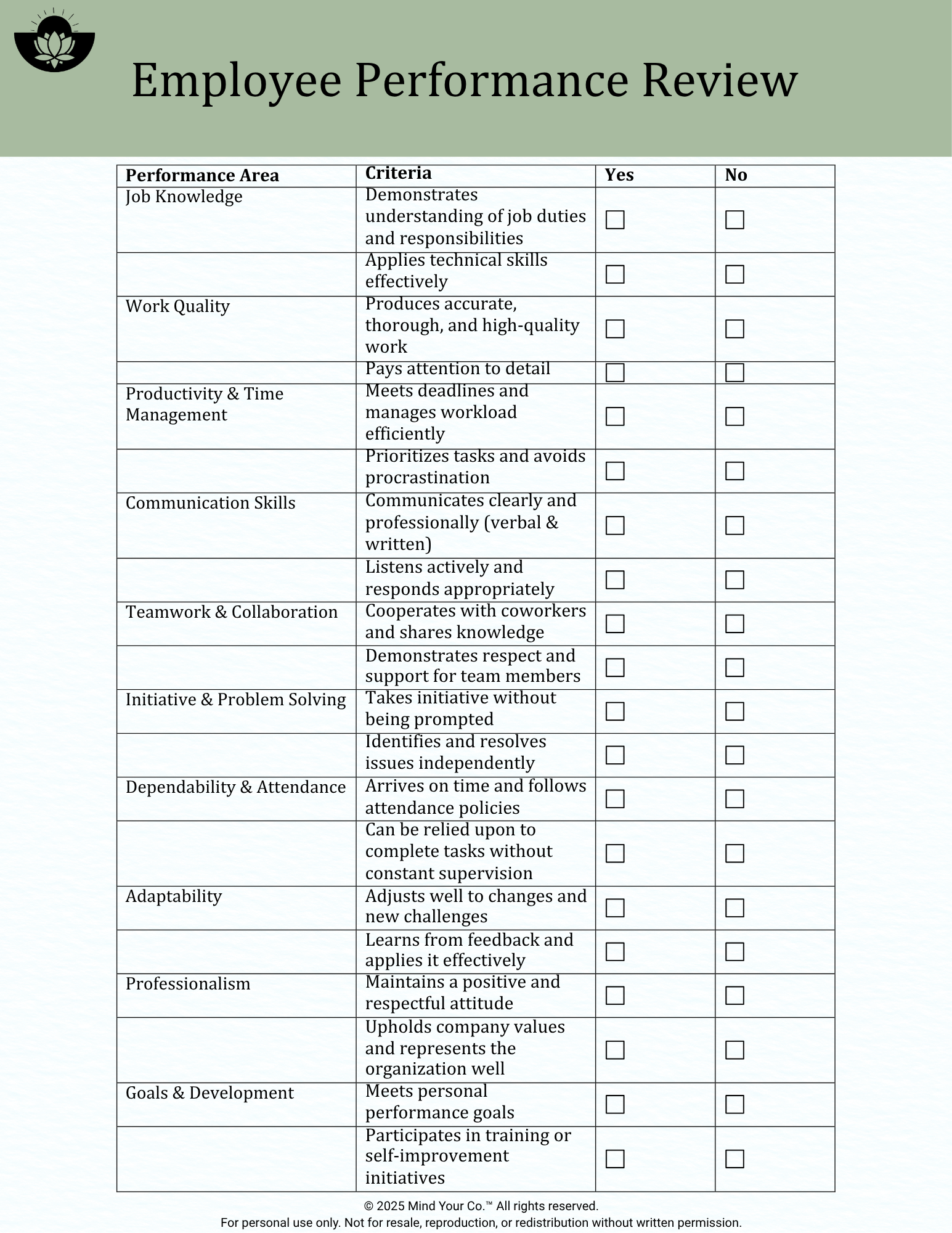 Employee Performance Review Form