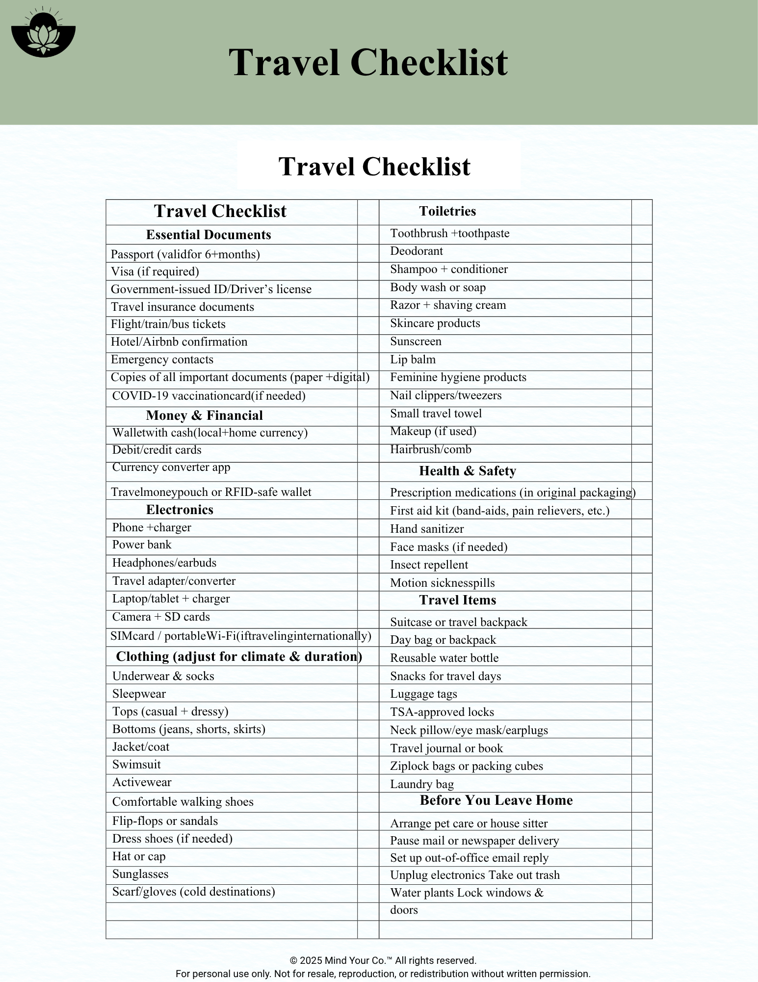 Travel Checklist