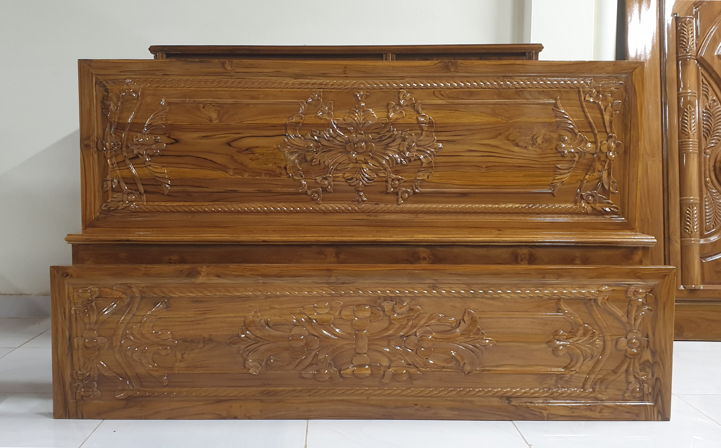 Hand-carved wooden bed frame