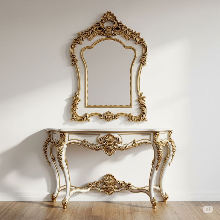 Antique Baroque Console Table and Mirror Set