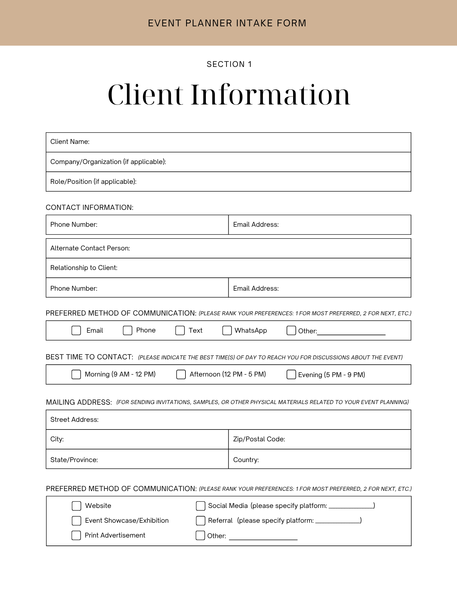Event Planner Intake Forms