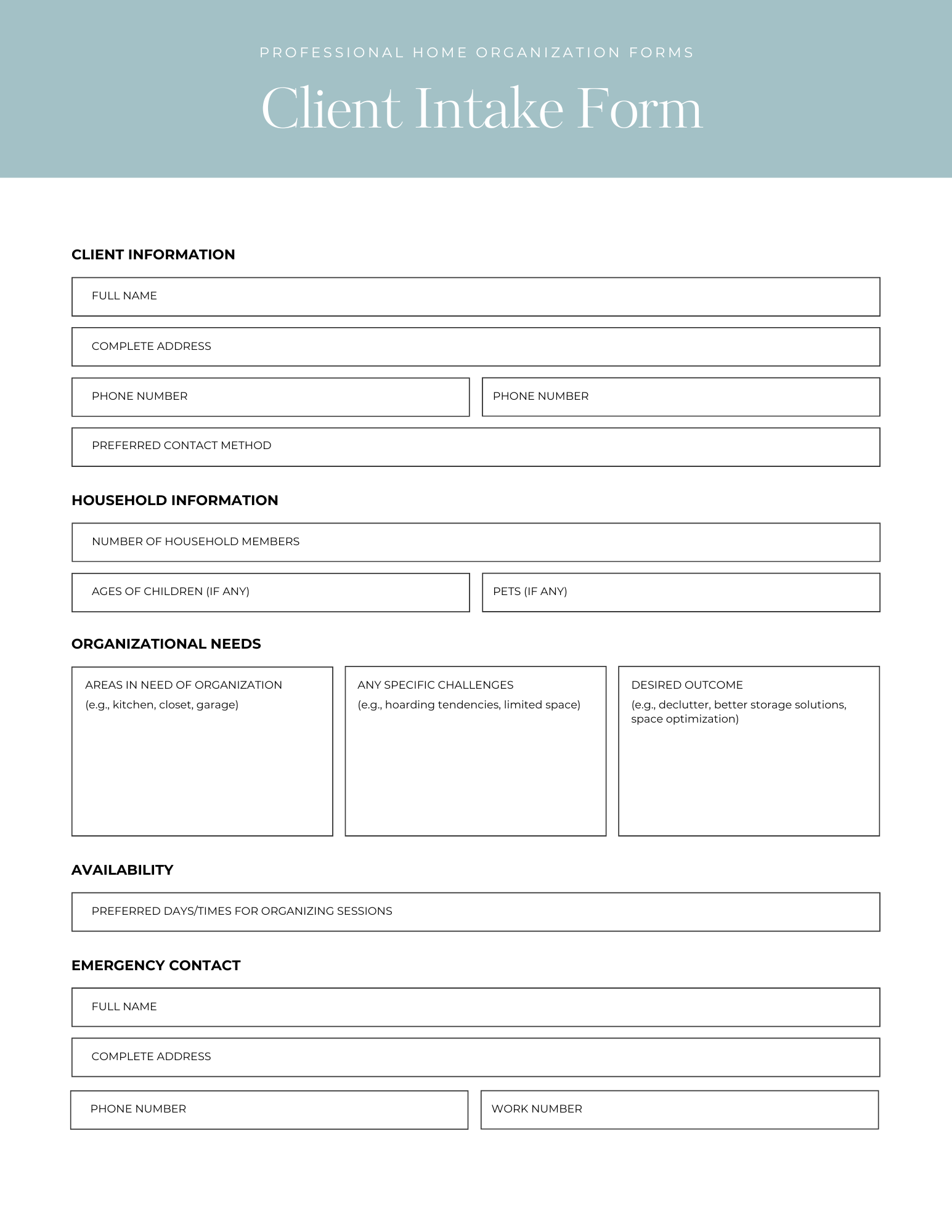 Professional home organization forms 