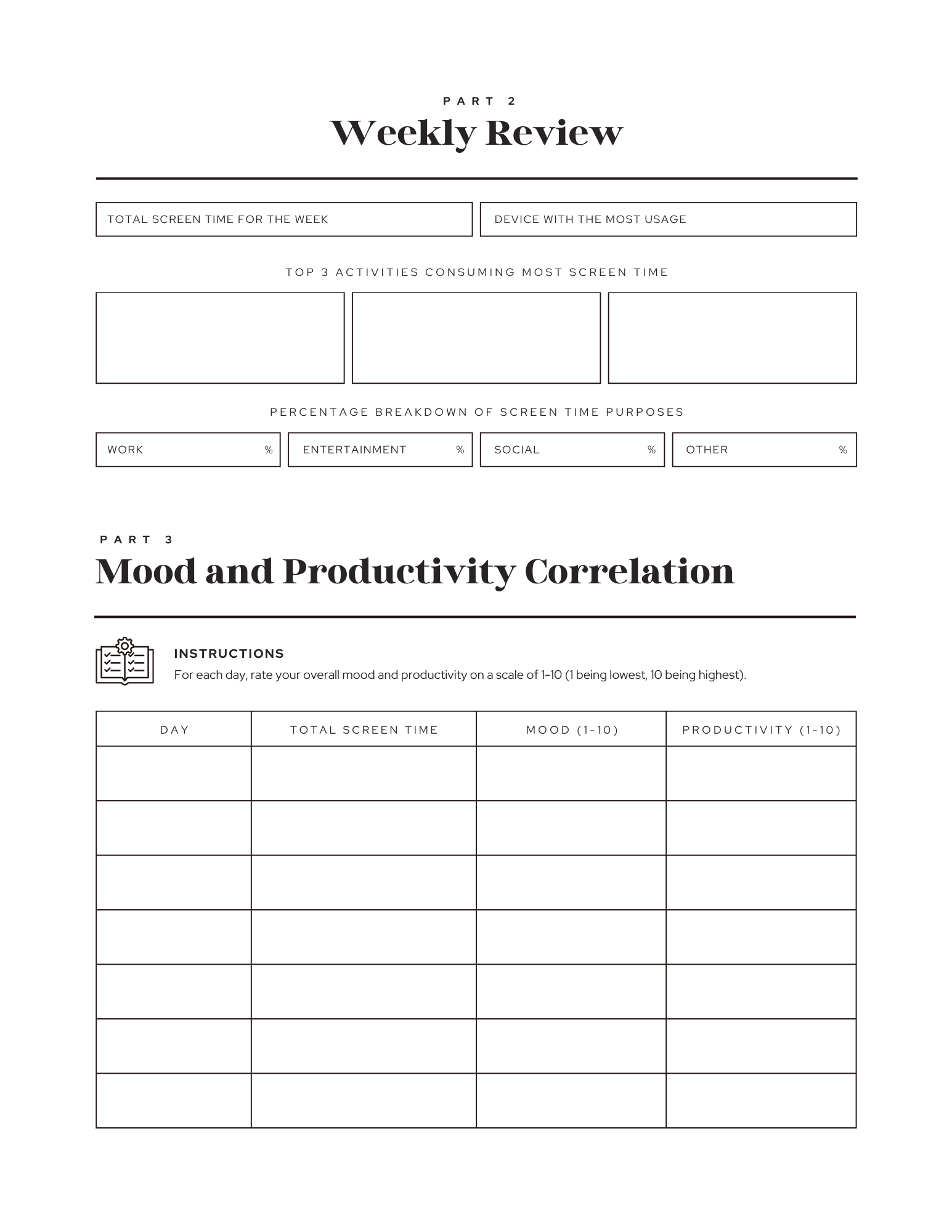 Screen Time Addiction Worksheet