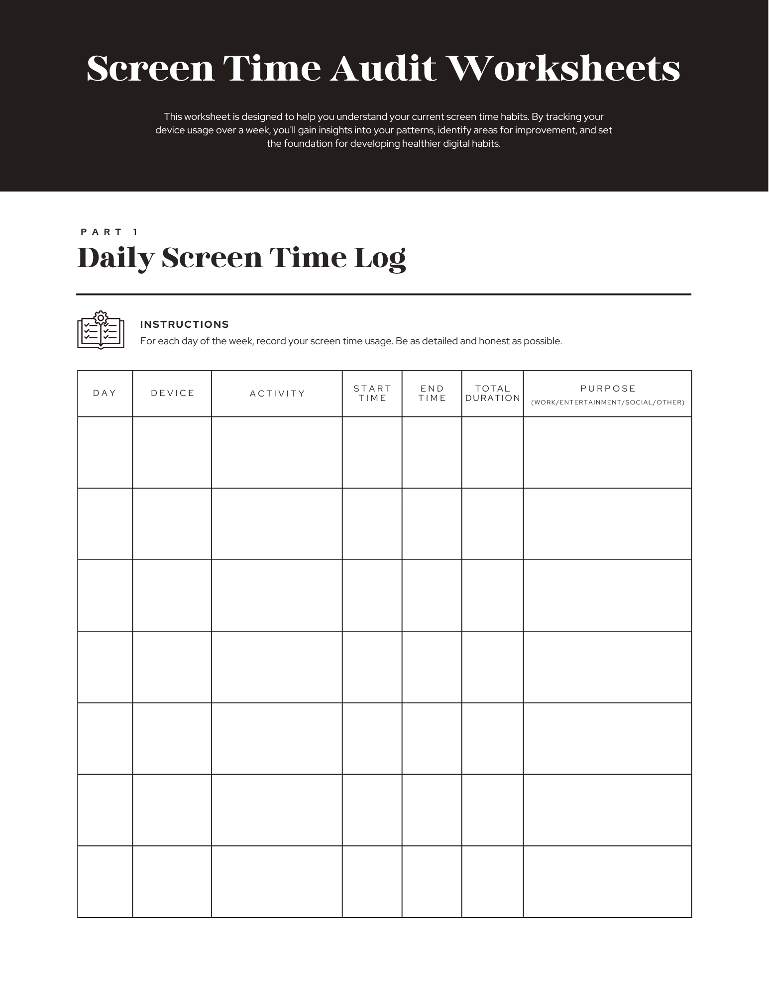 Screen Time Addiction Worksheet