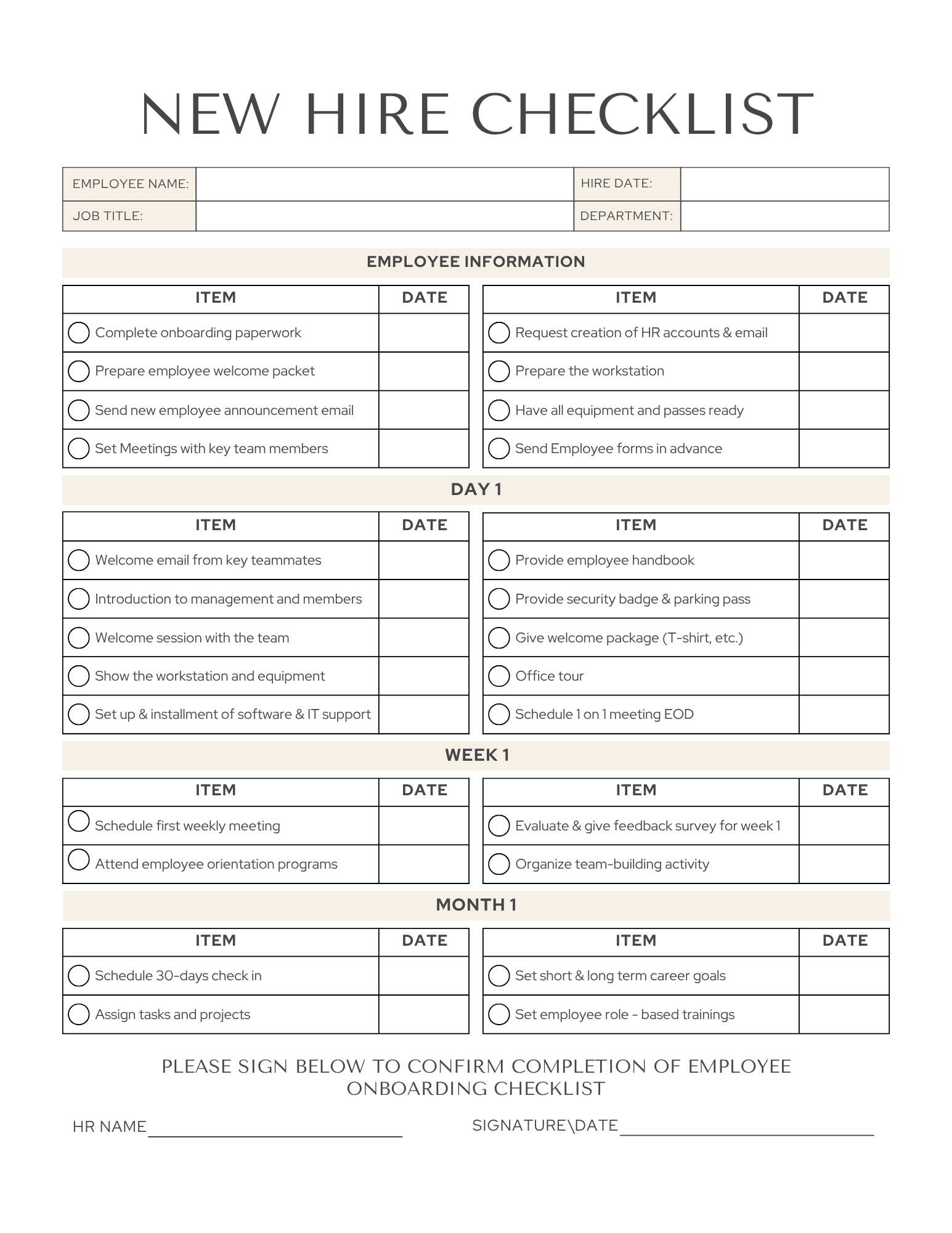 Hiring Checklist & Onboarding/Integration New Employee Template 